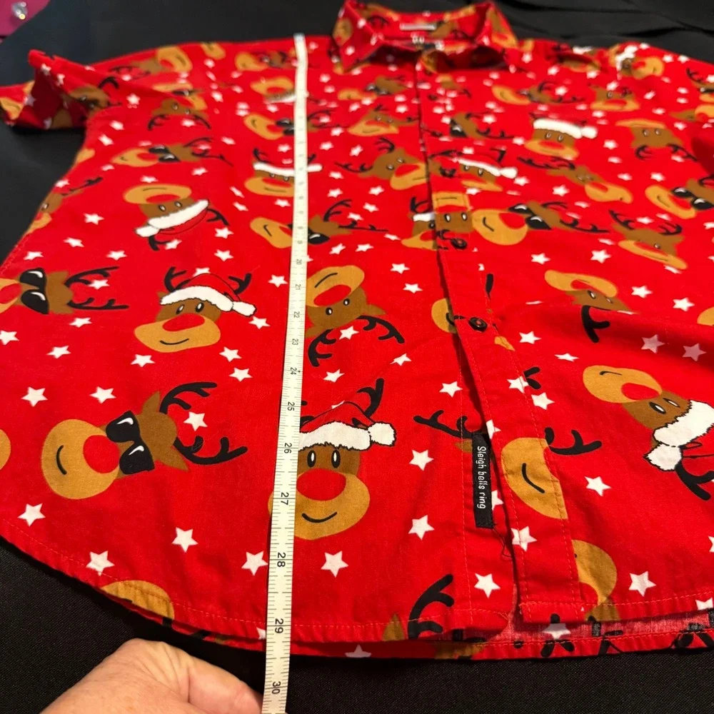 Denim & Flower Reindeer Christmas Shirt Men's XL Red Holiday Novelty Button Down